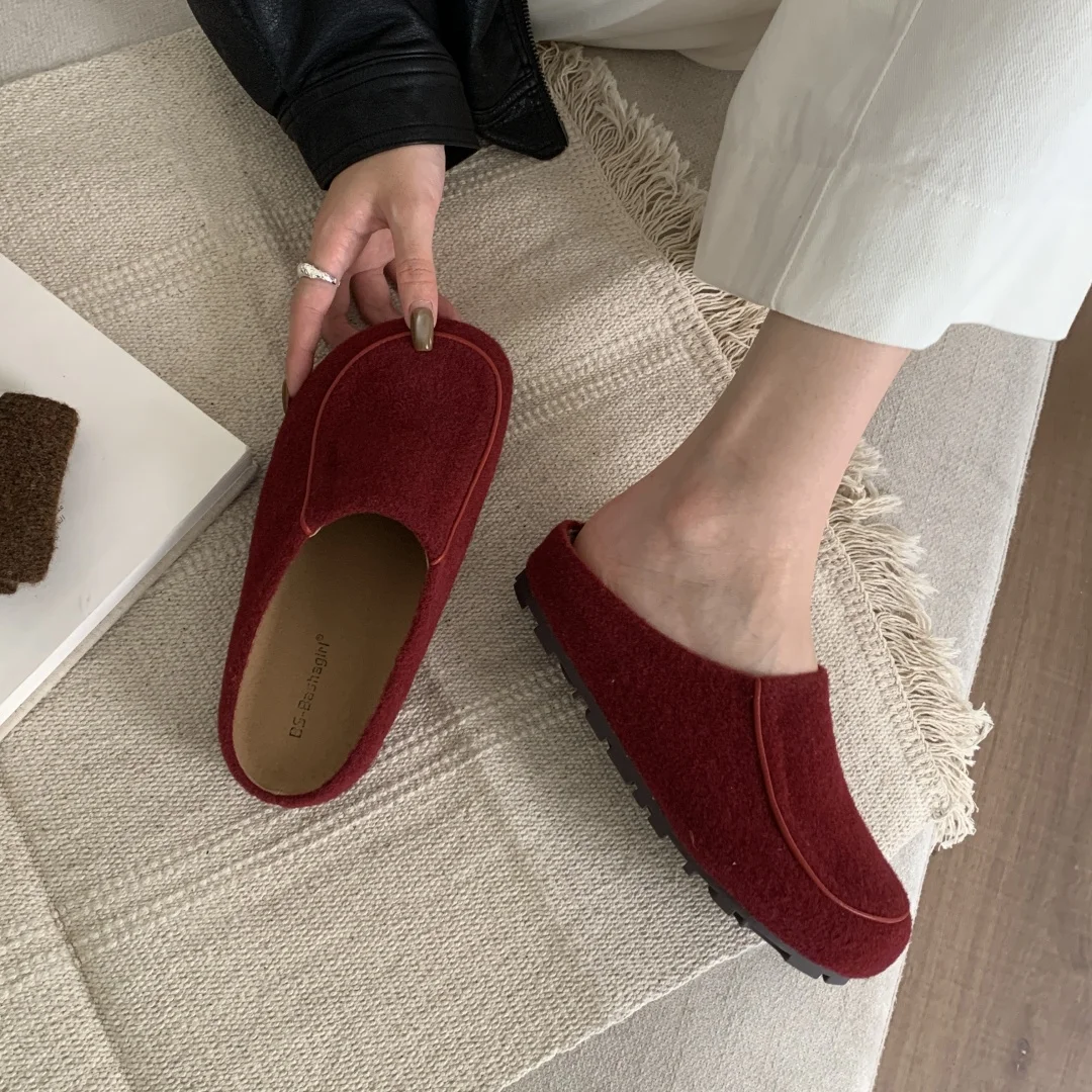 

platform mules Woman Shoes casual loafers vintage shallow fur slippers slip on closed toe slides comfortable gray brown red