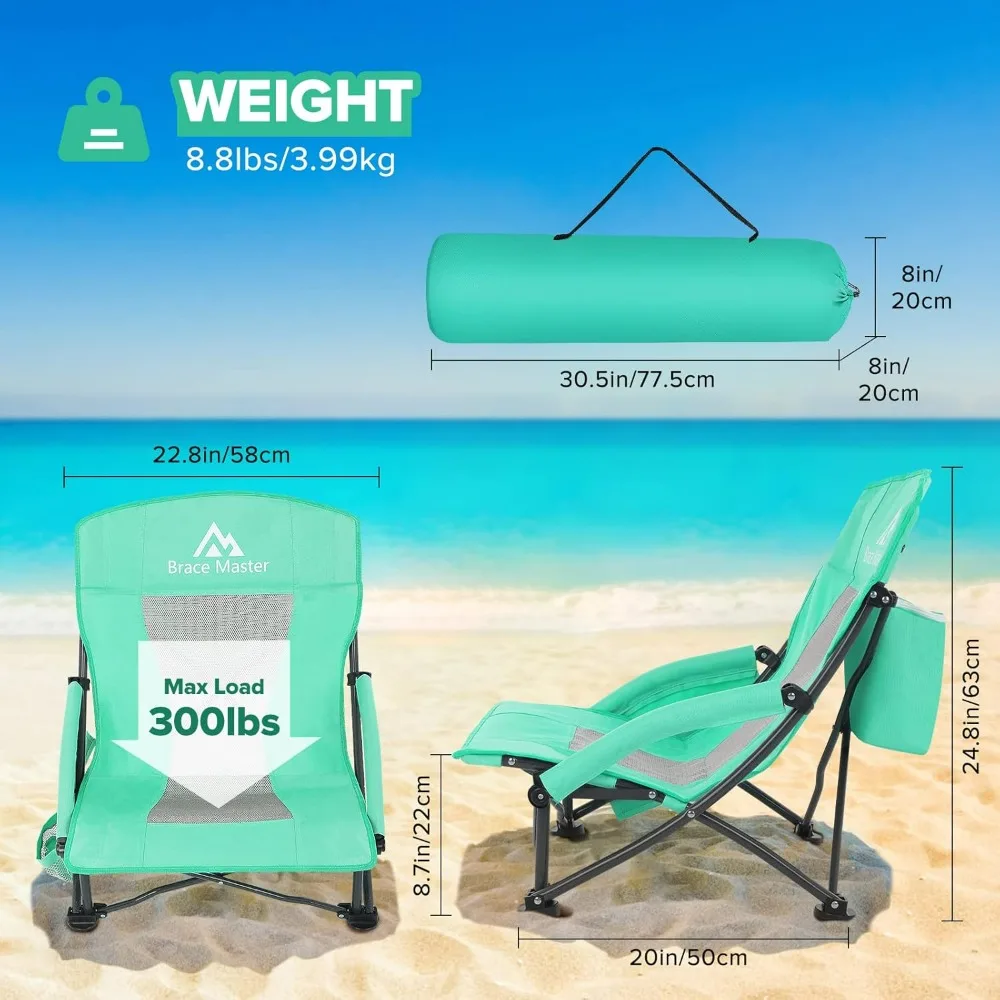 Beach Chair Camping Chairs,Low Back Sand Chairs,Foldable Mesh Back Design with Cup Holde Cooler Phone Bag,Folding Chair