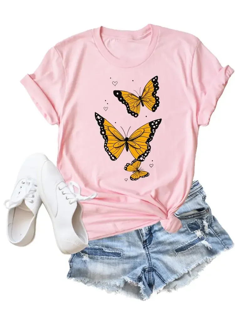 Camiseta con estampado de flores y mariposas para mujer, ropa de moda, camisetas de dibujos animados, camiseta estampada informal para mujer