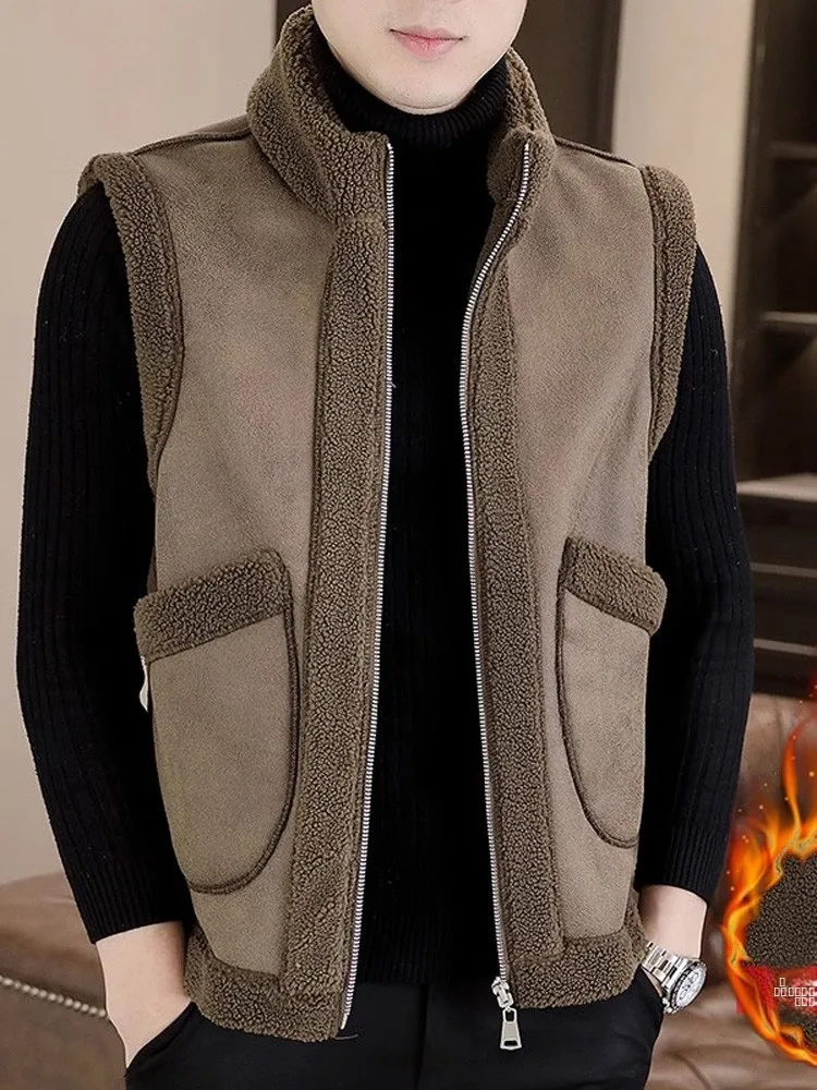 

Мужской зимний двусторонний жилет из меха и кожи с молнией, повседневный, теплый, модный, утолщенный, из полиэстера