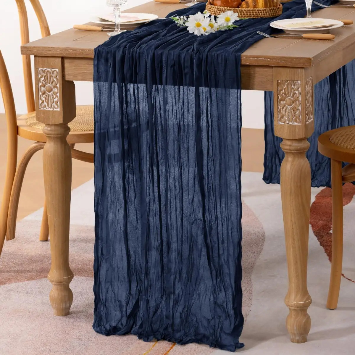 1PC Navy Blue Cheesecloth Table Runner Boho Rustic Tablecloth for Wedding Baby Shower Birthday Party Outdoor Picnic Decor