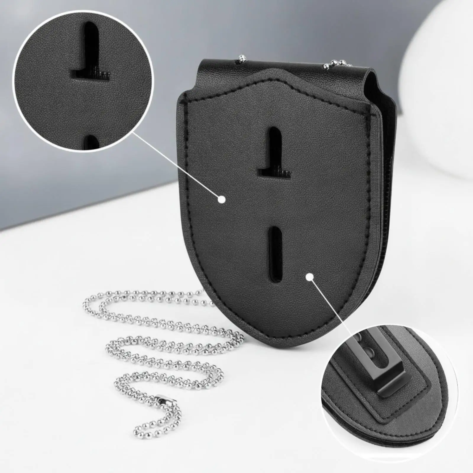 Leather Badge Storage Case with Front Slot Metal Chain Holder for Staff Access Card Organization