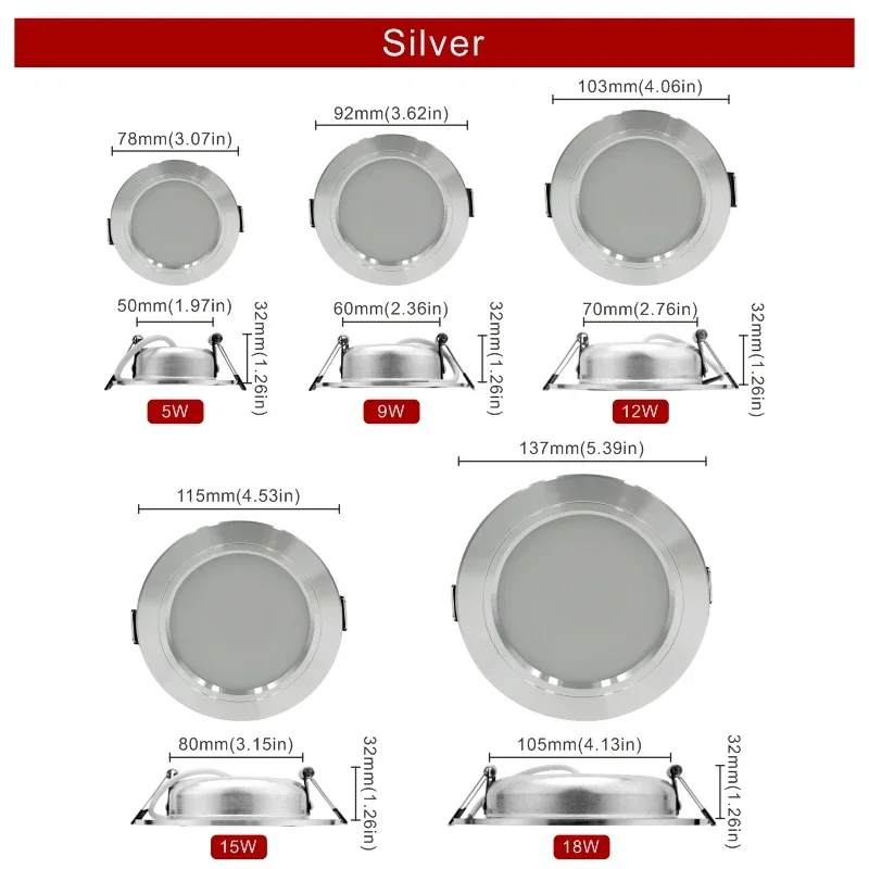 Luz descendente Led de techo empotrada, Panel redondo de 3/110 pulgadas, 12V, 24V, 220V, 5W, 9W, 12W, 15W, 18W, lote de 10 unidades
