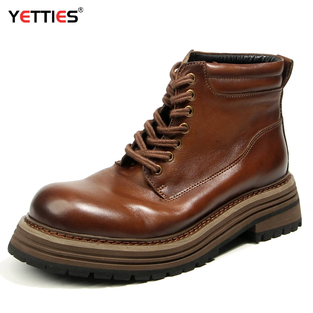 Men's Chunky High-Top Boots | Distressed Top Grain Leather Thick Sole Platform Shoes | Vintage Retro Autumn/Winter Height-Increa