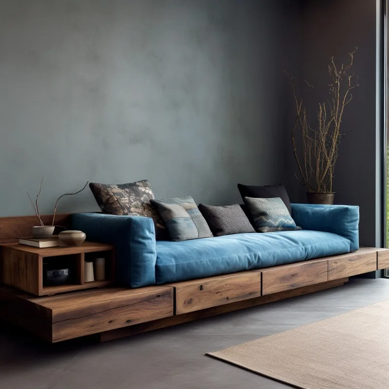 Log sofa large straight row sofa chair, living room B & B hotel solid wood medium and ancient style solid wood sofa c