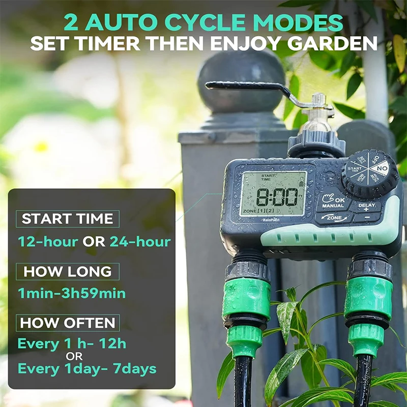 Water Timer for Garden Hose 2 Zone Sprinkler Timer with Rain Delay Manual Watering Automatic Irrigation Controller System