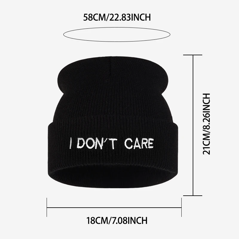 I DON'T CARE Text Knit Cuffed Beanie, Stylish Elastic Adult Hat, Ideal for Streetwear Event Holiday Celebration Casual Outing