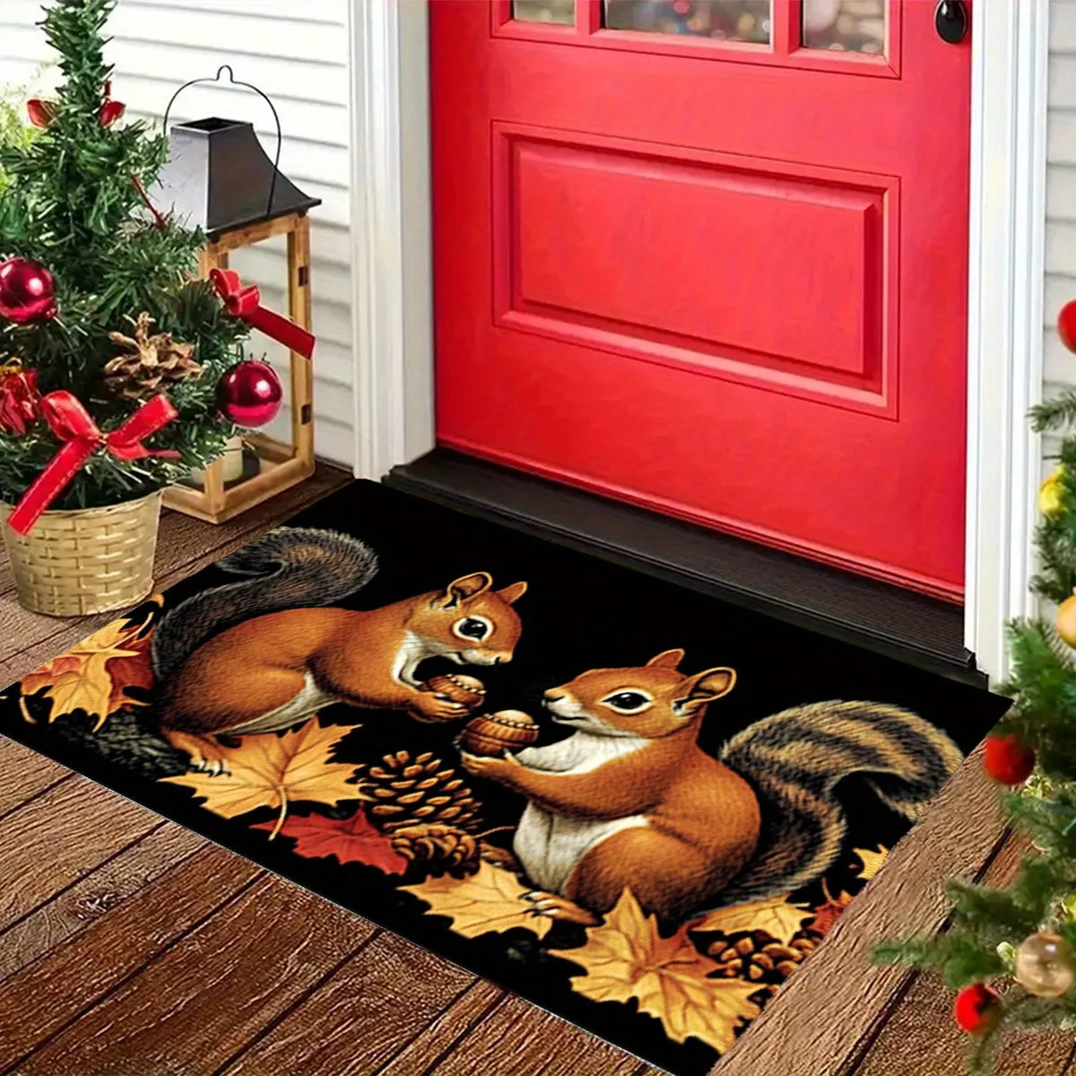 Rustic Fall Squirrel Acorn Autumn Leaves Doormat Welcome Mat for Front Porch Seasonal House Entryway Decoration Gift