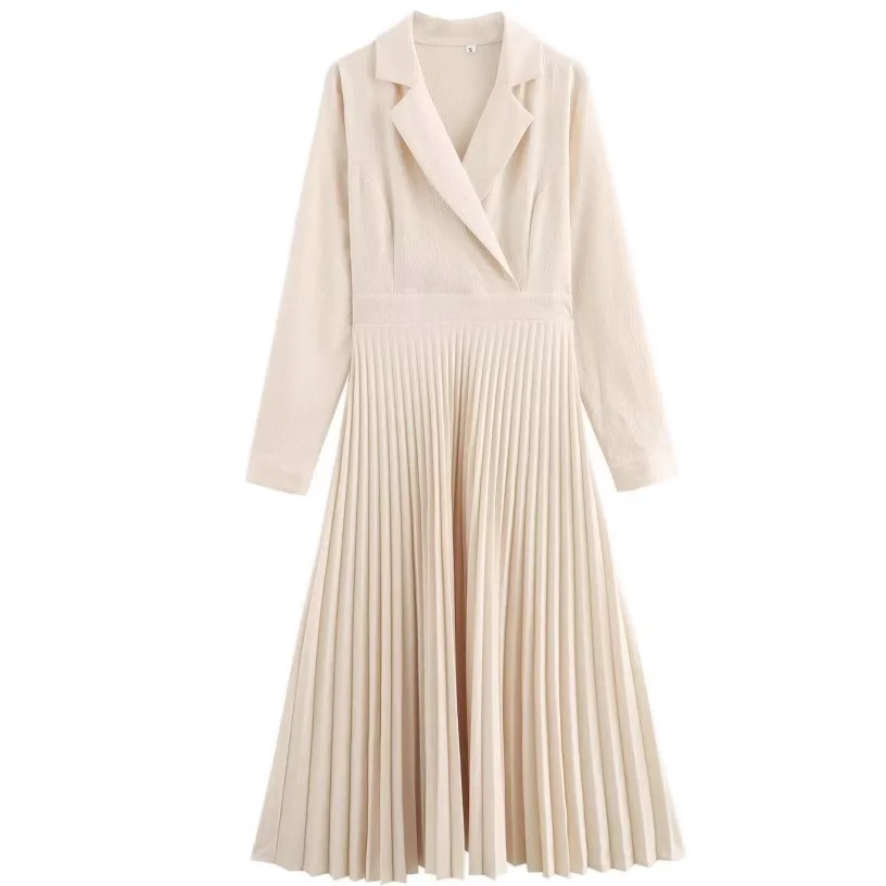 Damesmodieuze elegante pakkraag hoge taille geplooide lange mouw jurk lange rok