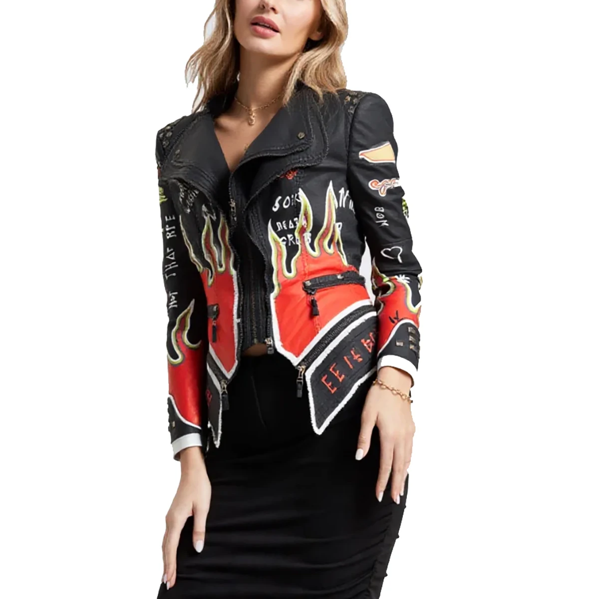 Women's Fashion PU Faux Leather Jacket Hand Drawn Flame Pattern Slim Fit Rivet Steampunk Style Motorcycle Rider Outwear Coat