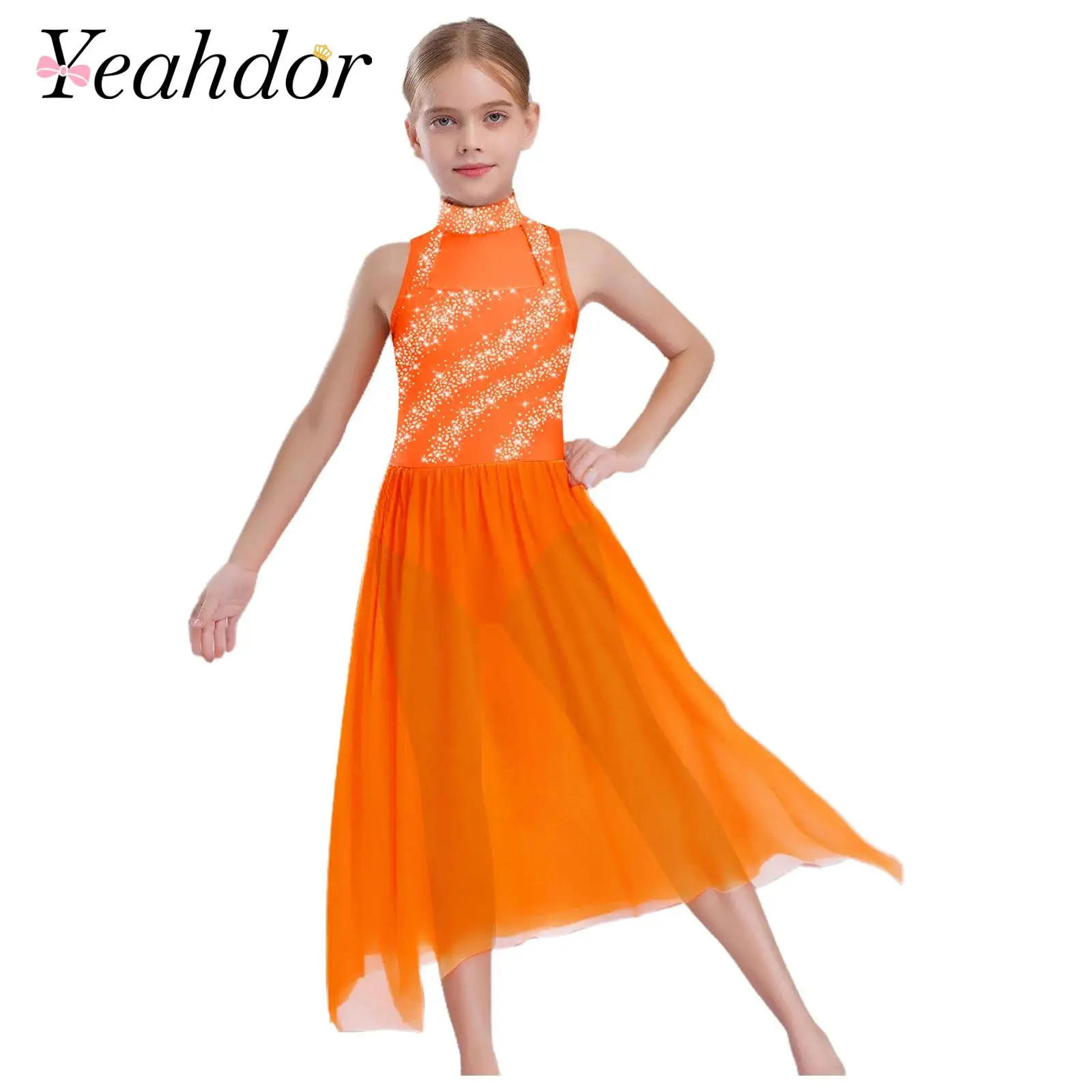 

Kid's Girls Shiny Rhinestones Ballet Dress Teens Modern Lyrical Dance Costume School Show Dress Children Elegant Dancewear