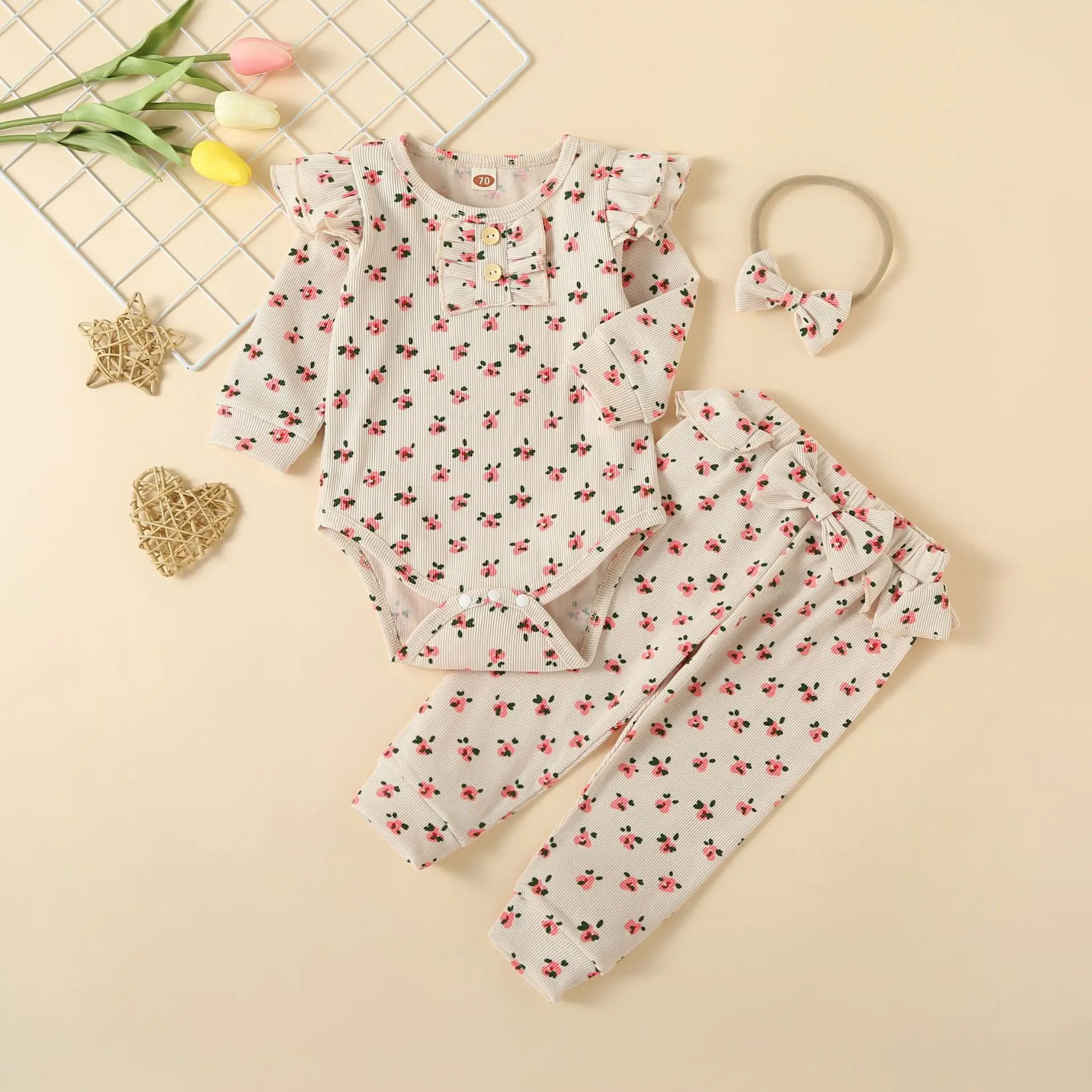 

3Pcs Infant Newborn Baby Girl Clothes Sets Spring Autumn Printed Long Sleeved Jumper+Trousers+Headwear For Baby Outfit Set 6-24M