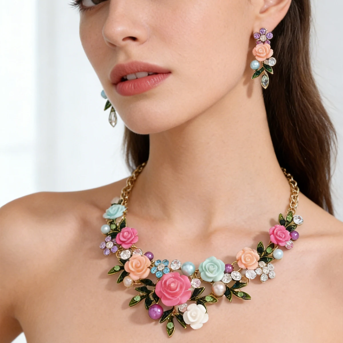

Vintage Colorful Rose Flower Statement Necklace Earring Set for Women Enamel Pearl Crystal Floral Jewelry Set for Wedding Party