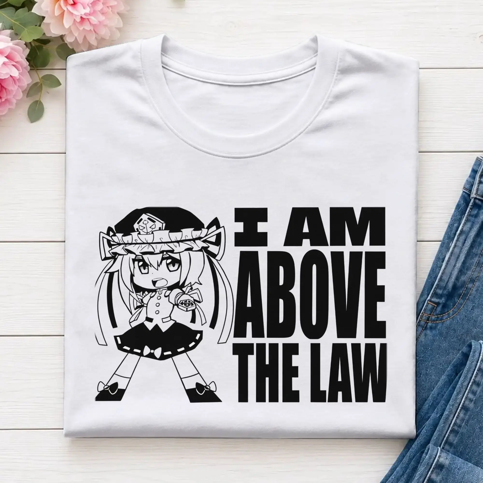 Touhou  Above The Law  T-Shirt Beach Touhou Project Novelty T Shirts Men Cotton O-Neck Plus Size 5XL Clothes Short Sleeves Tops