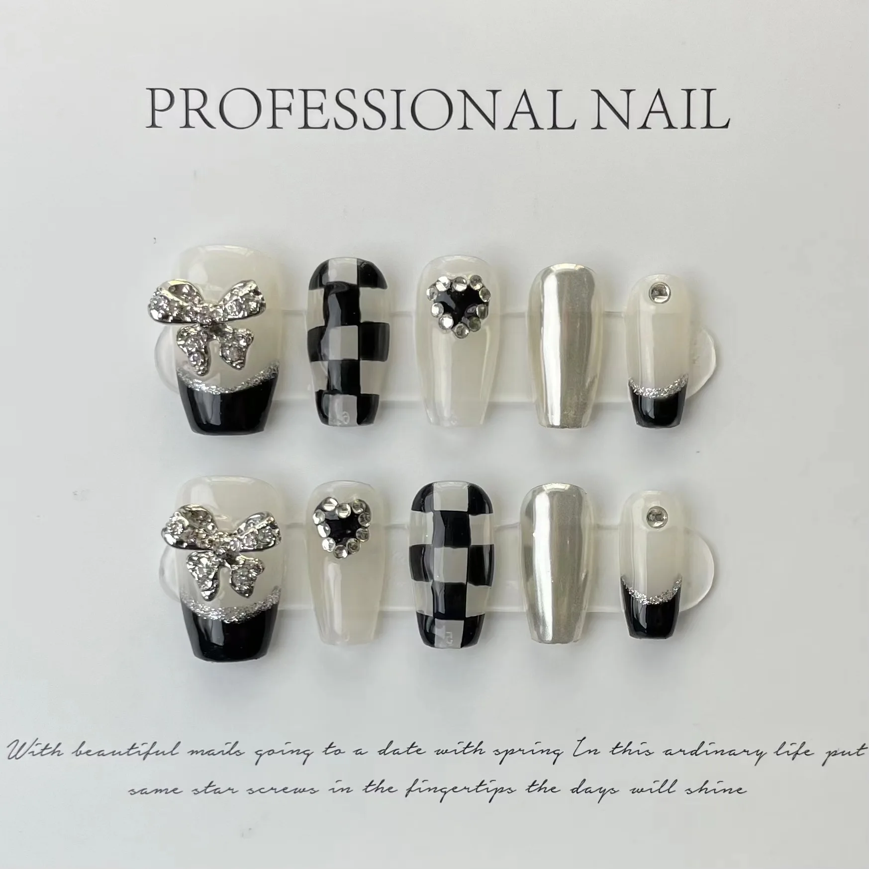 

10 PCS Luxury Handmade Press on Nails Short Trapezoid Sleepless Design False Nails with 4-PIECE Tool Adhesive Nail Glue Tabs