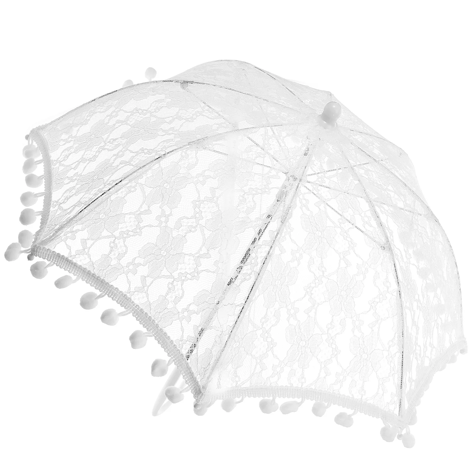 

1pc Elegant Lace Umbrella Pompoms Design Wedding Bridal Parasol Lace Parasols for Vintage Weddings Tea Party Stage