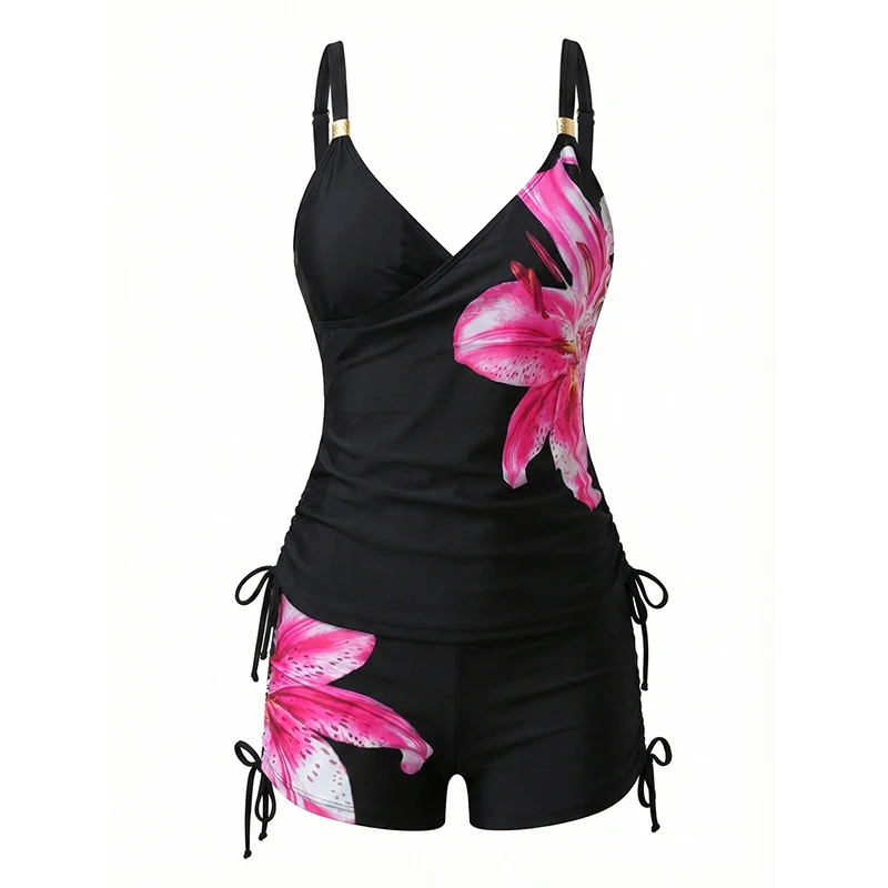 Dressfo Women's Beach Tankini Swimsuit Lily Floral Print Cinched Boyshorts Vacation Swimwear