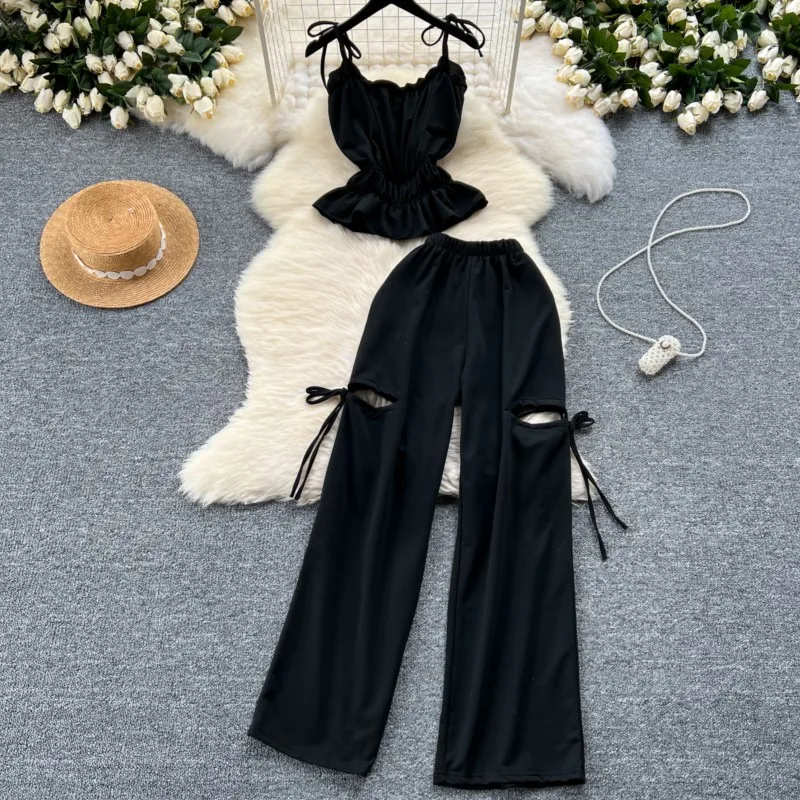 Summer Women Fashion Elegant Party Casual Pantsuit Sleeveless Vintage Tops and Pants Outfits Female Clothes Sexy Two Pieces Set