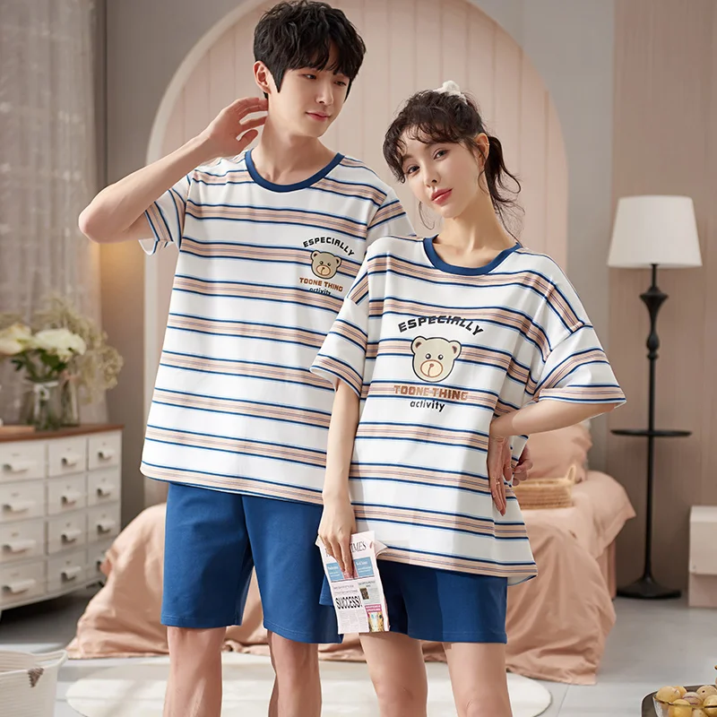 New Summer 100%Cotton Couple Pajama Sets Short Sleeve Loose M-5XL Lovers Pajamas Men Pyjamas Women Nightgowns