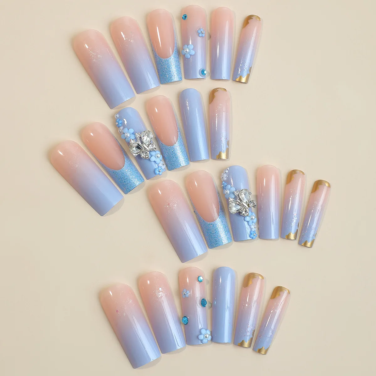 Hot selling 24Pcs European and American supper long coffin butterfly shing diamond blue False Nails