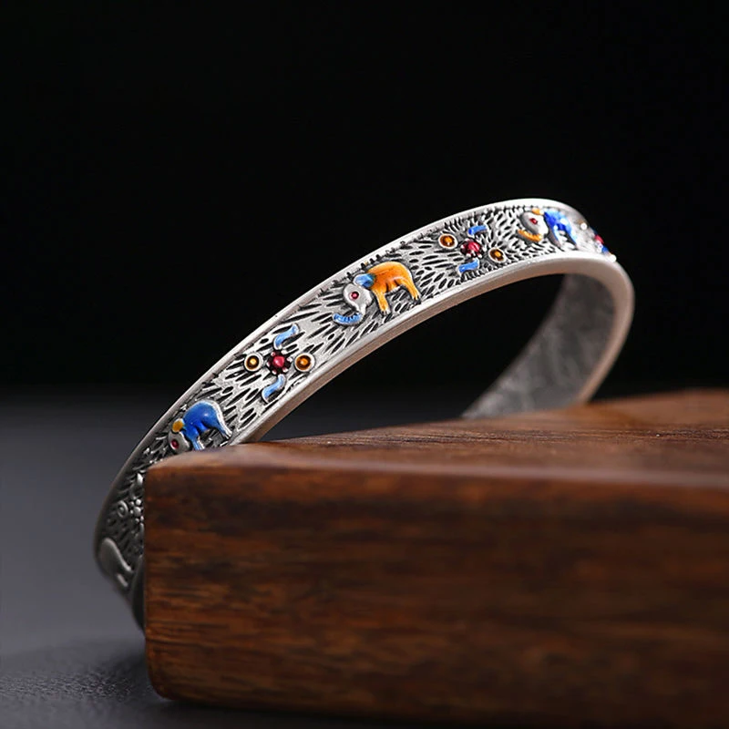 Exquisite Open-End Silver Bracelet Jewelry Auspicious Elephant Picture Men Women Lovers Twist Armband Cuff Trend Retro Gift