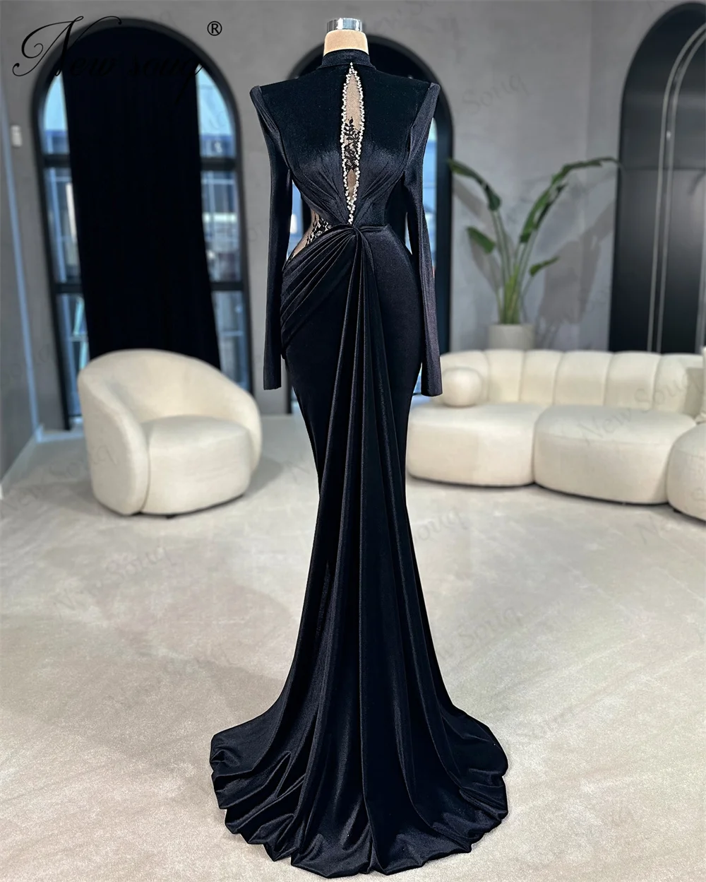 Simple Black Long Sleeves Evening Dresses Customized Beaded Female Prom Dress Mermaid Bridesmaid Party Dress Vestidos De Cóctel