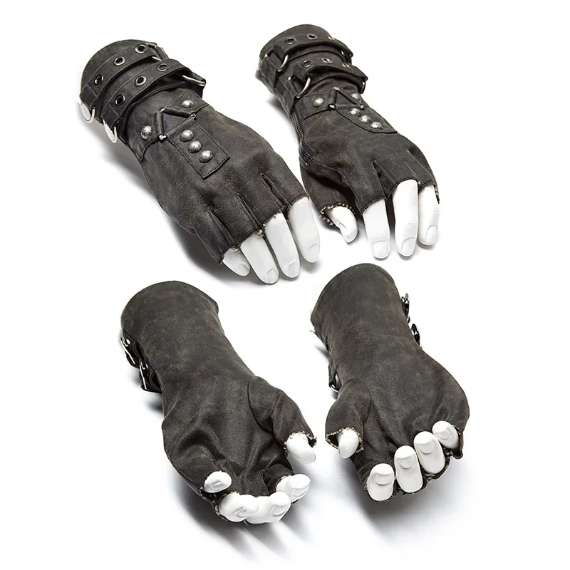 PUNK RAVR Steampunk hombres remaches guantes sin dedos inelástico PU estilo militar motocicleta un par militar gótico Dieselpunk guante