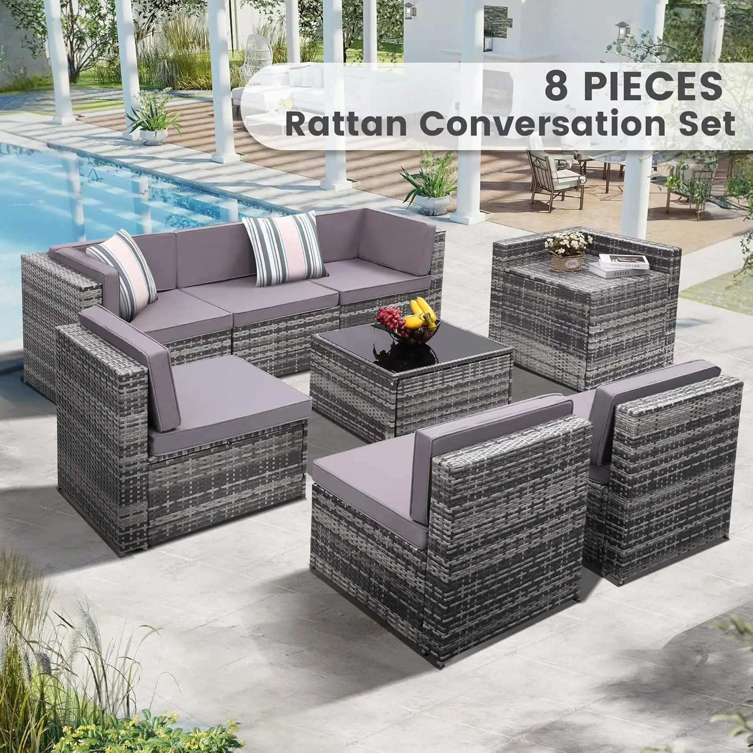 8 Pieces Outdoor Wicker Rattan Patio Furniture Sectional Set Glass Top Table with Hidden Storage 7 Sofa Sections Oversized