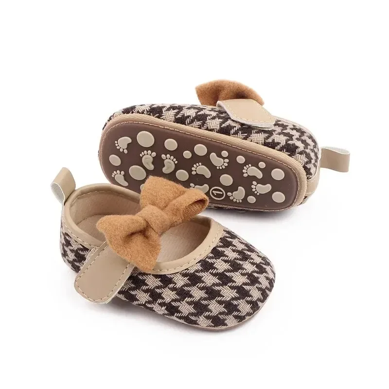 Meckior-bowknot listrado xadrez sapatos de borracha para bebês meninas, Mary Jane Flats, sapatos princesa para criança, clássico, primeiro caminhante