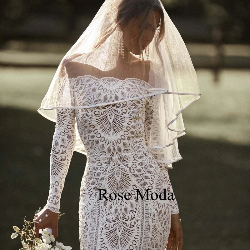 Rose Moda Off the Shoulder Long Sleeves Lace Wedding Dresses Boho Destination Bridal Gown Custom Make