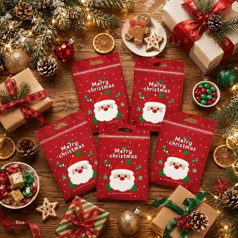 50Pcs Resealable Clear Christmas Zip Lock Bags With Handles BPA Free Xmas Party Cookie Treat Pouches for Holiday Favor Packagin