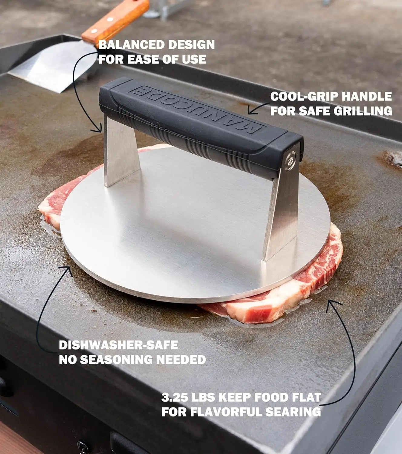 Steel Smash Burger Press - Commercial 3.25Lb Meat Press for Perfectly Cooked Bacon, Steak, Fish