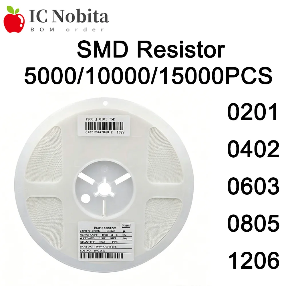 5000/10000/15000PCS 0201 0402 0603 0805 1206 1% SMD Resistor 0 10 100 330 470 510 1k 2k 3.3k 4.7k  5.1k 6.8k 10k 20k 47k 100k 1M