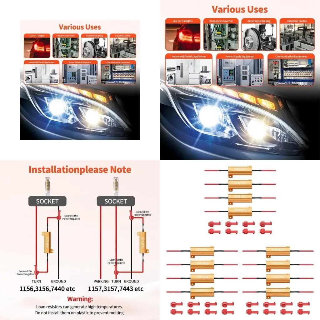 

652F High Temperature Resistant 50W 6 Ohm Car LED Resistors 12V System Set with Parallel Wiring Option