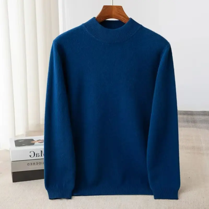 100% Pure Wool Men's Loose Semi High Neck Long-Sleeved Knitted Cashmere Sweater for Autumn and Winter