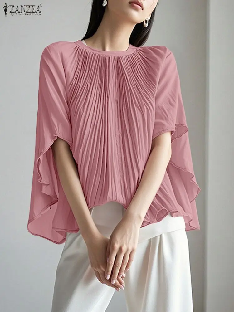 

ZANZEA модные женские блузки элегантные плиссированные сплошные цветные топы с круглым вырезом и рукавами-дельманами осенняя модная женская одежда S-3XL
