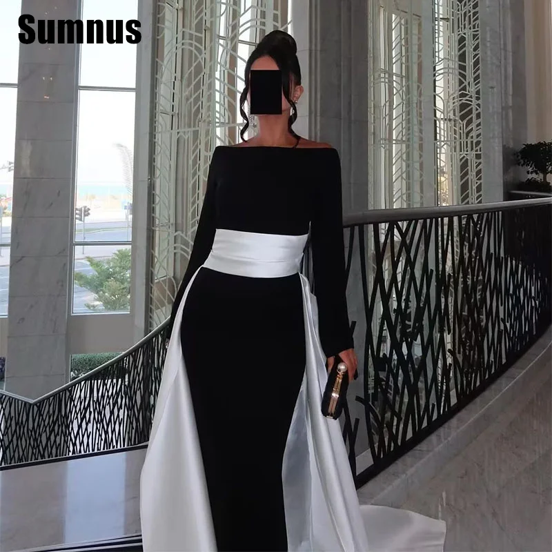 SUMNUS Zwart-wit rechte galajurk Elegant off-the-shoulder feestjurken Vloerlengte formele jurk met trein op maat