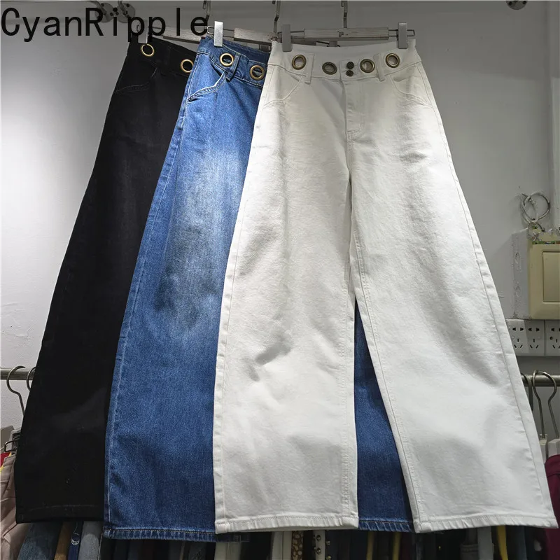 Europe Fashion Solid Color Casual Long Denim Pants All-match Hollow Metal Ring High Waist Floor-length Wide Leg Straight Jeans