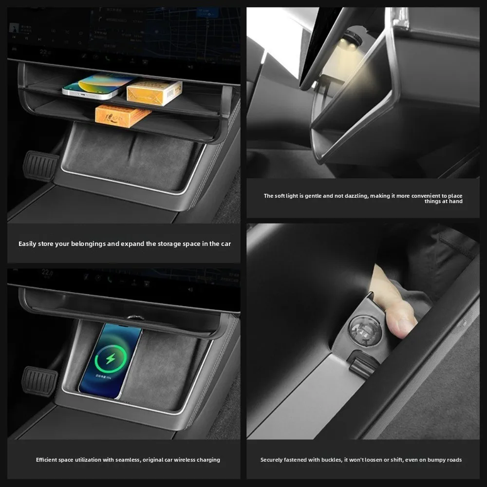 For Tesla Model YL/Y Juniper With Light Anti-Slip Pad Double Layer Under Screen Storage Box Center Console Hidden Organizer Tray
