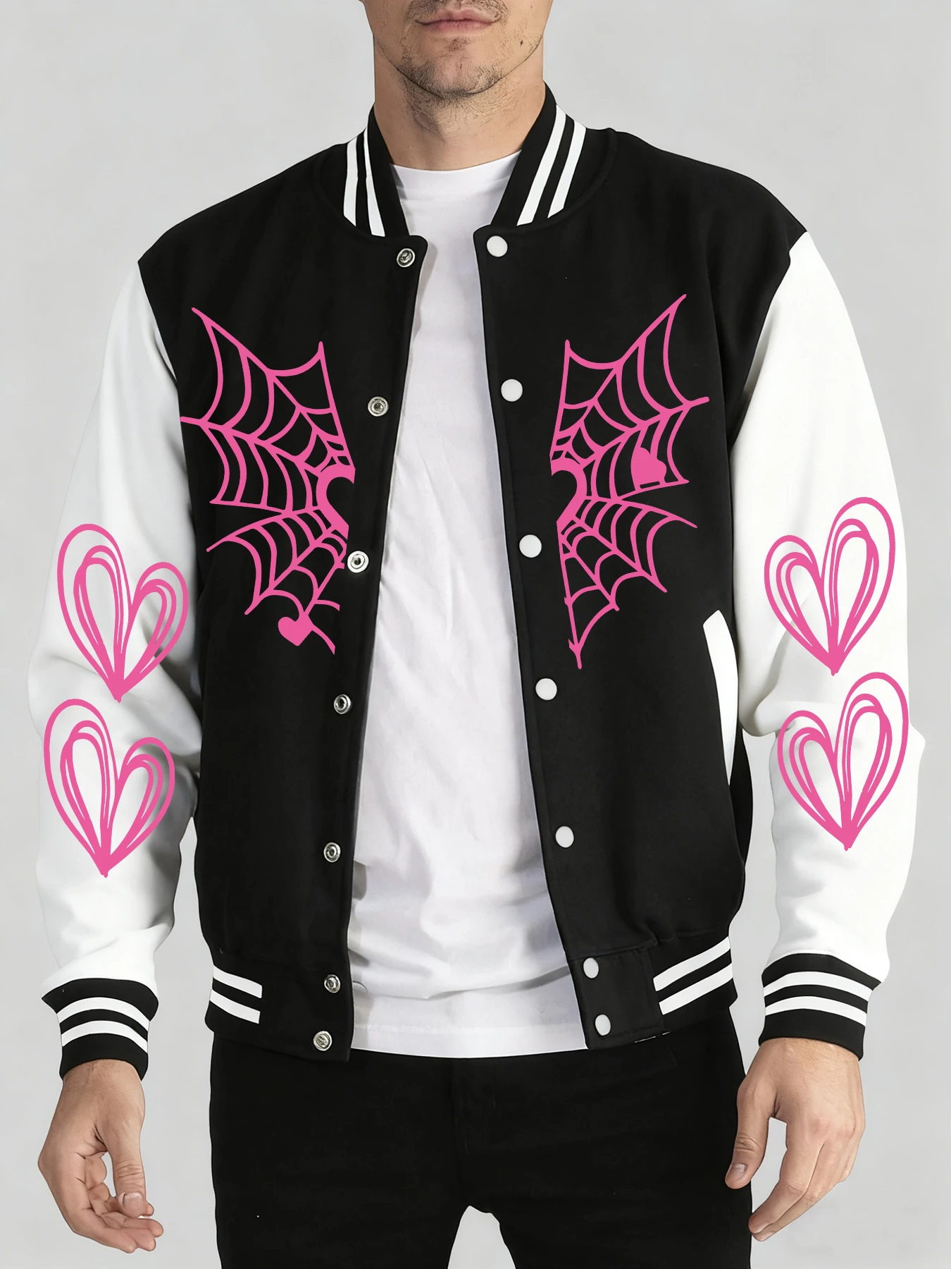 

Pink Spider Web And Heart Prints Men Tracksuit Fashion Casual Jackets Autumn Winter Baseball Jersey Loose Sports Y2K Clothes