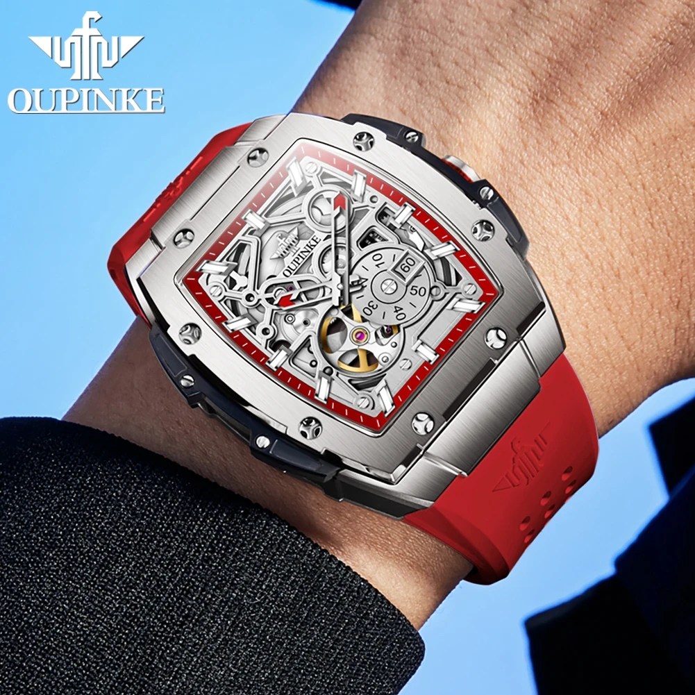 PINKE-Modules de montre étanches pour hommes, montres automatiques évidées pour hommes, bracelet en silicone, montre-bracelet mécanique Tonneau,