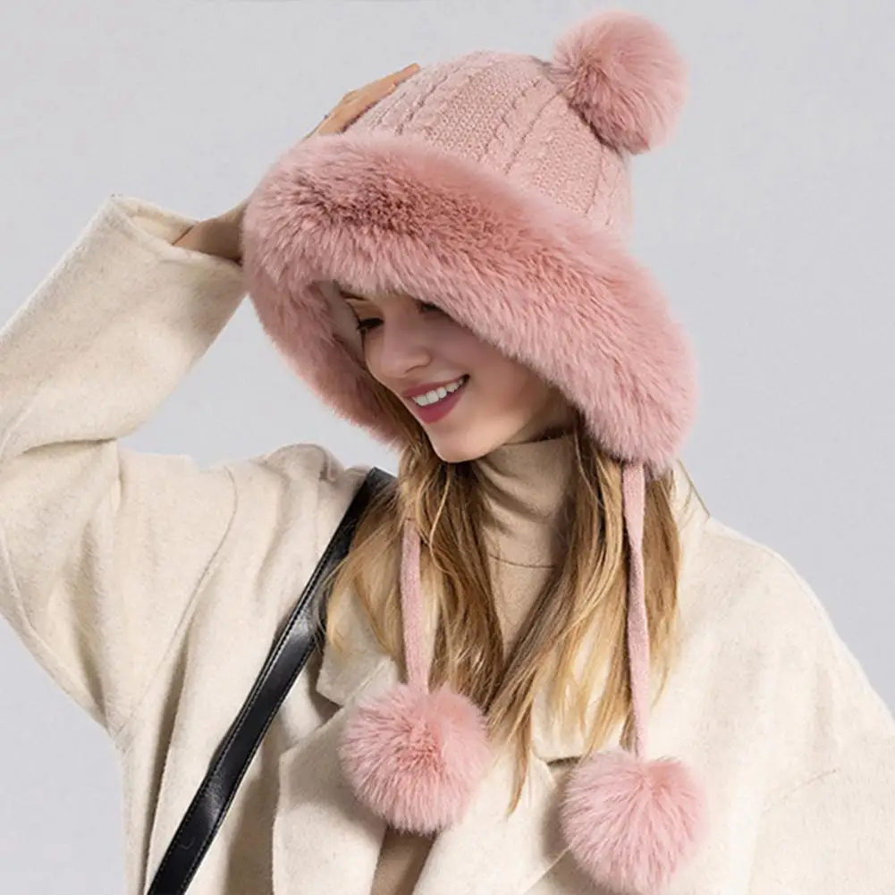 Ladies Winter Hat Ladies Headwear Cozy Winter Ladies Hat with Fluffy Plush Heat Retention Ball Decor Ear for Outdoor