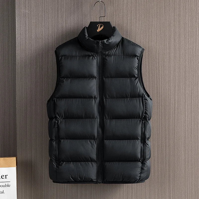 

2025 Winter Casual Vest Coats Solid Men Zipper Stand Collar Down Jacket Cardigan Spliced Pockets Sleeveless Loose