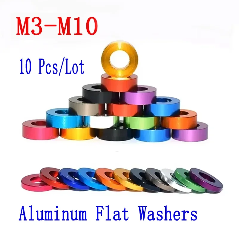 

10 шт./лот: красочные плоские шайбы из анодированного алюминия, идеально подходят для радиоуправляемых деталей, размеры: M3, M4, M5, M6, M8, M10