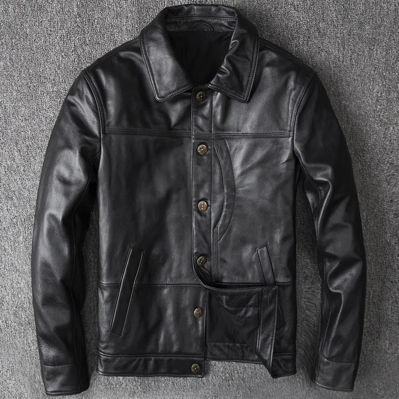 Leather male staff uniform top layer of cowhide motorcycle lapel