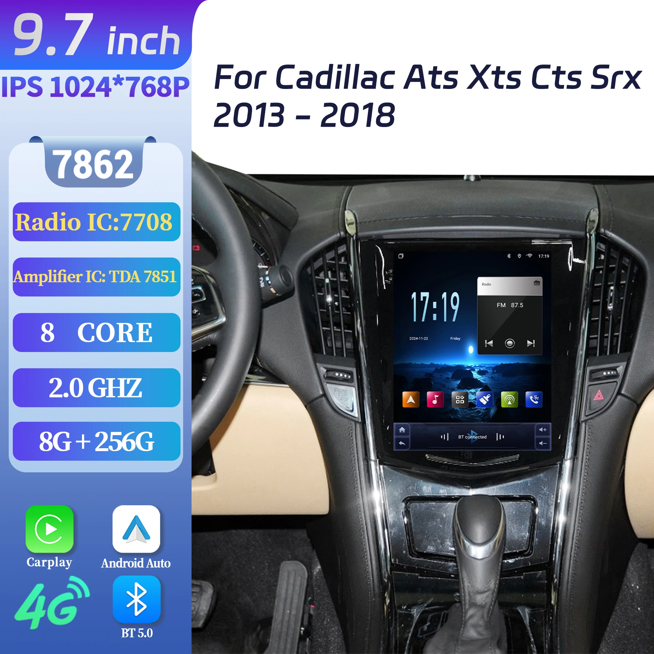 

9,7-дюймовый Android 14 для Cadillac Ats Xts Cts Srx 2013-2018 автомобильный радиоприемник мультимедийная навигация беспроводной BT Carplay 2K QLED экран
