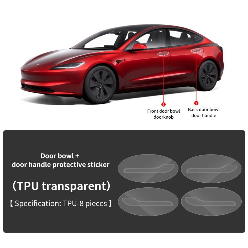 For Tesla 2021-25 Model 3 Y TPU Transparent Refit Sticker Protection Door Bowl+Door Handle Protective Sticker (Transparent)
