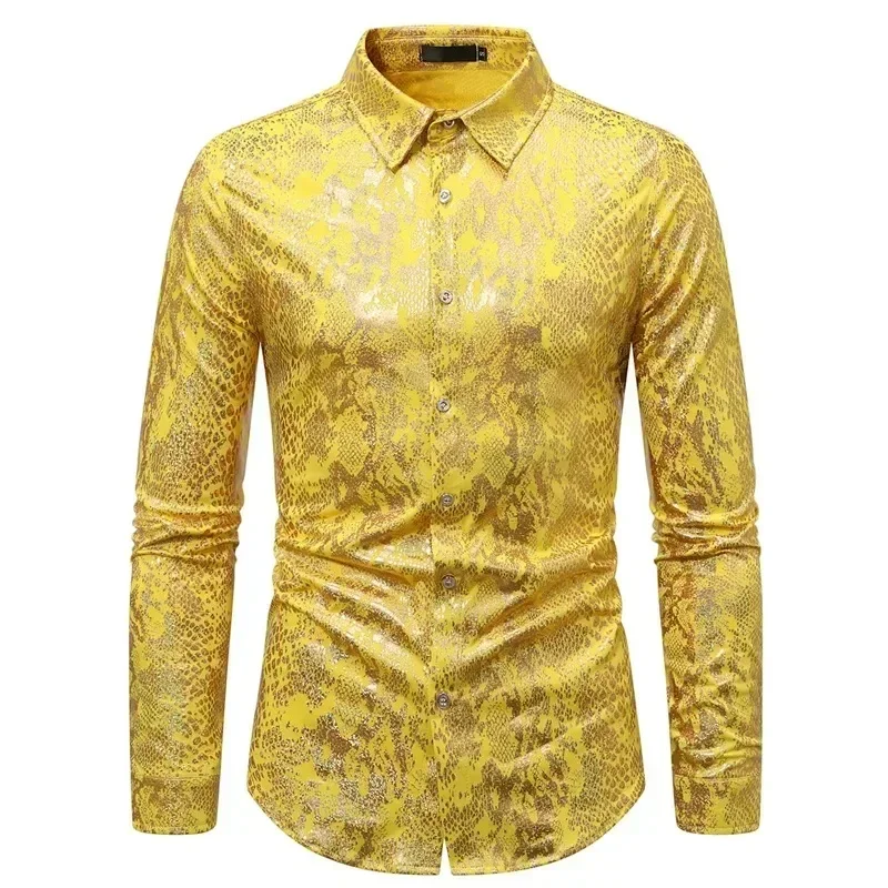 S-3XL 2025 New Nightclub Snake Print Shirt Men Clothing Gold / Silver Fashion Singer Stage Performance Dress Loose Tops