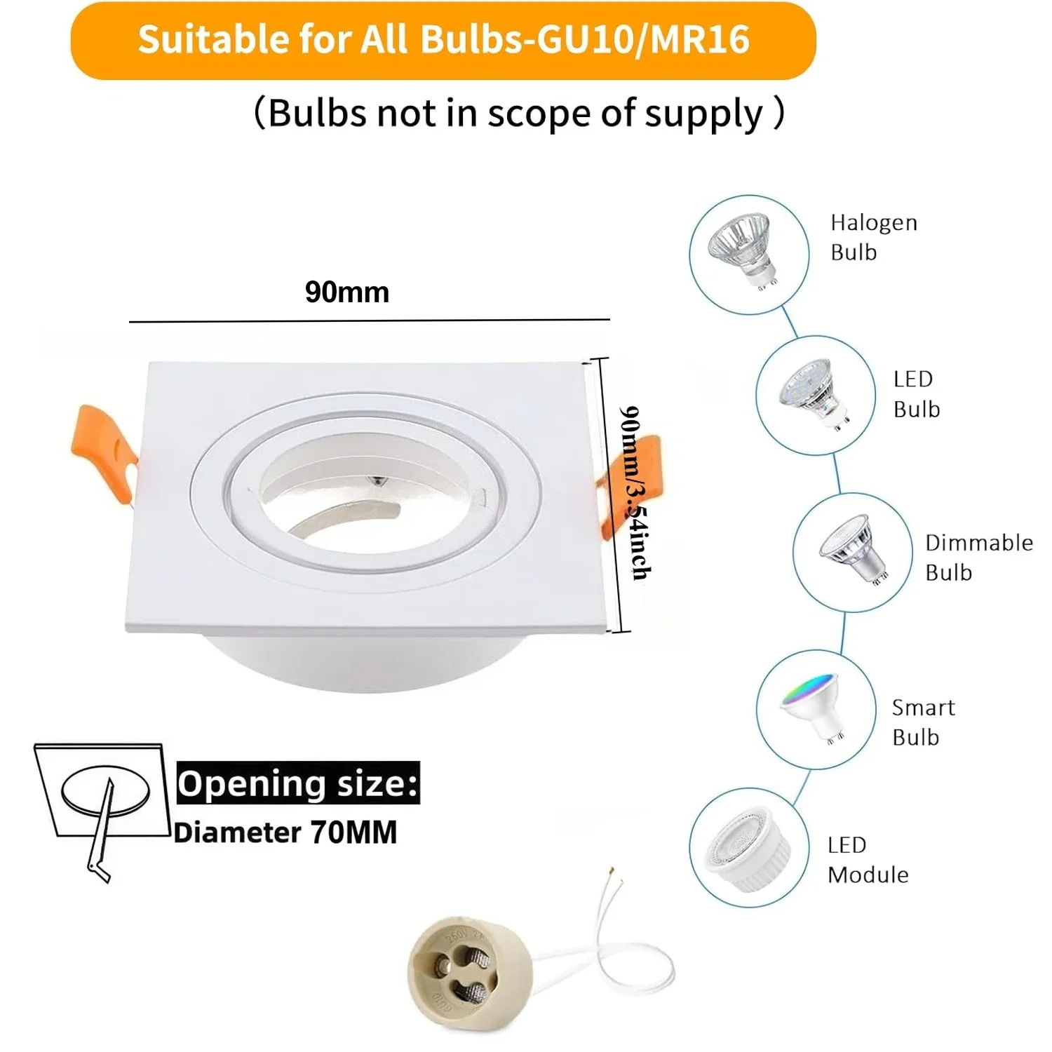 JOYINLED Square Adjustable LED Downlight Frame with GU10 Lamp Holder, Aluminum Ceiling Spotlight Bracket, Black White Silver