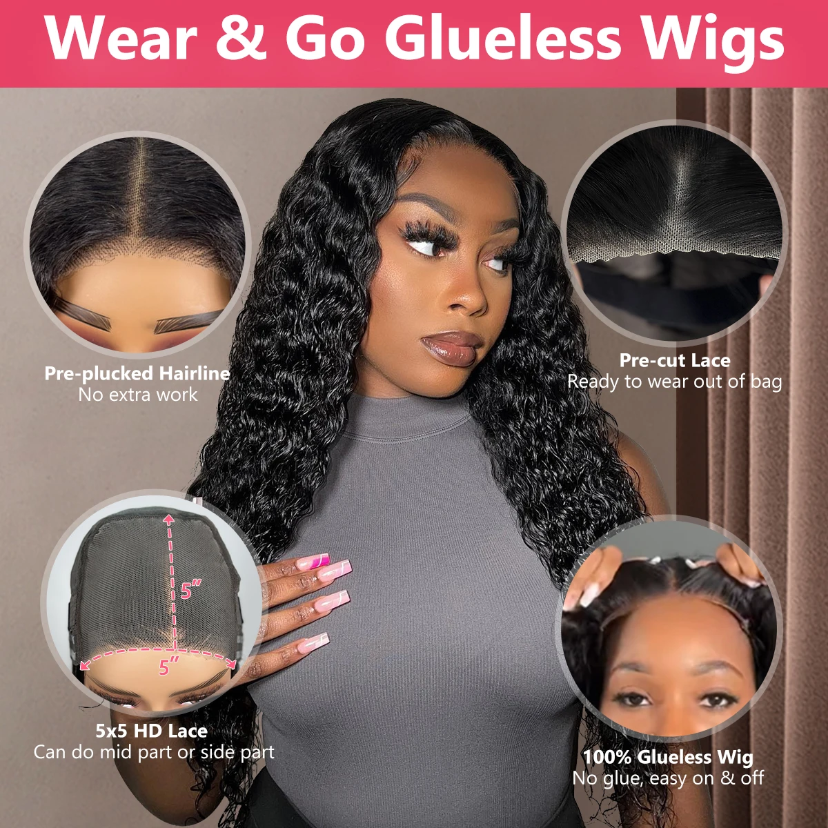 Curly Glueless Wigs Human Hair Ready to Wear Deep Wave Lace Front Wigs Wear And Go Pre Plucked Pre Cut 5x5 4x4 Lace Closure Wigs image 4